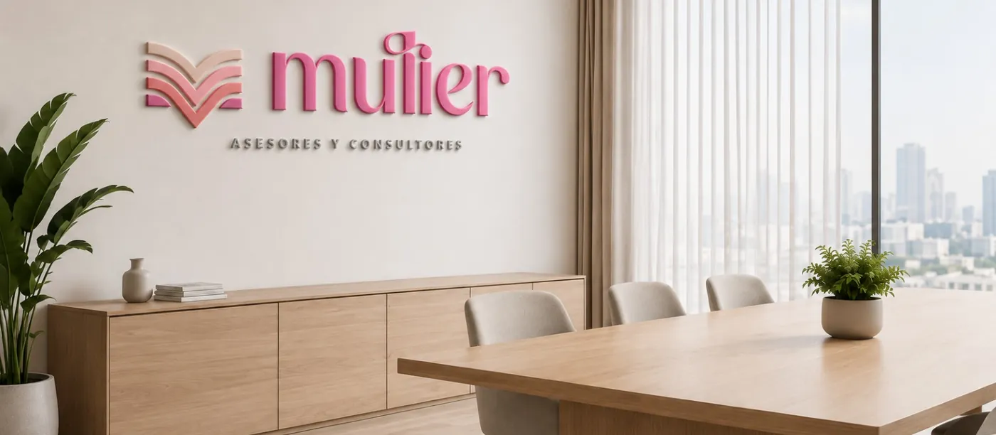 Espacio de trabajo corporativo de Mulier con mobiliario en madera clara y el logotipo de la firma al fondo