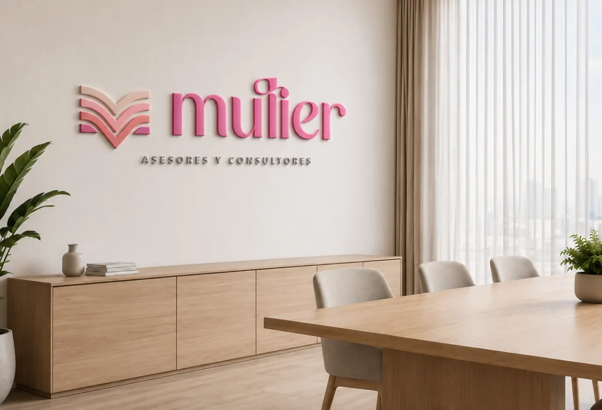 Sala de reuniones de las oficinas de Mulier Asesores y Consultores, con el logotipo en letras tridimensionales instalado en la pared