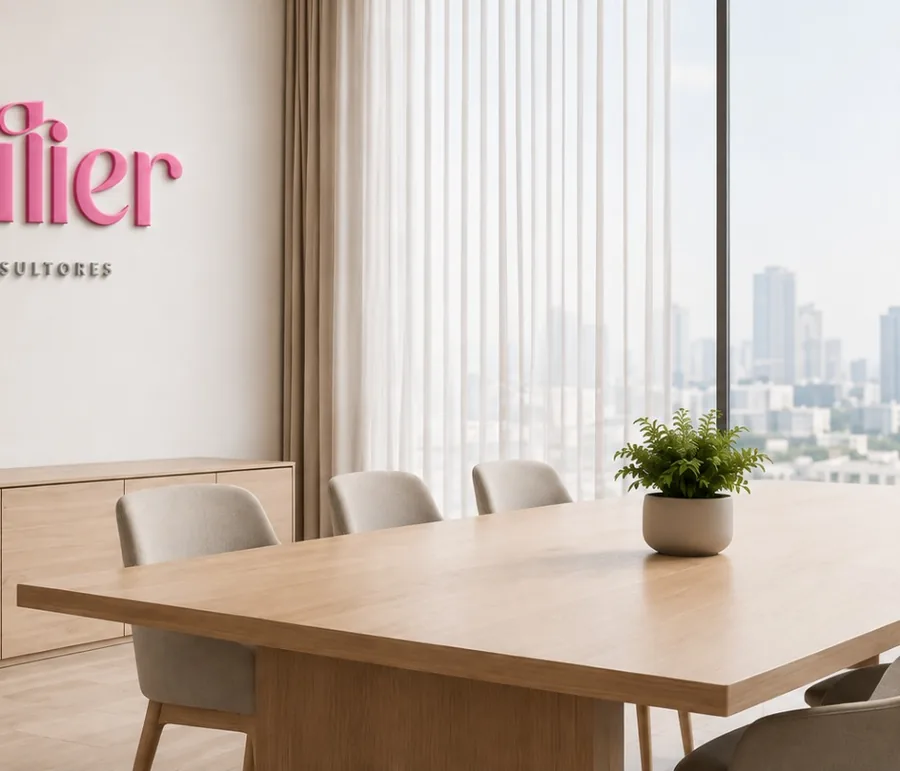 Mesa de reuniones de la oficina de Mulier en Miraflores, con luz natural y vista a la ciudad de Lima